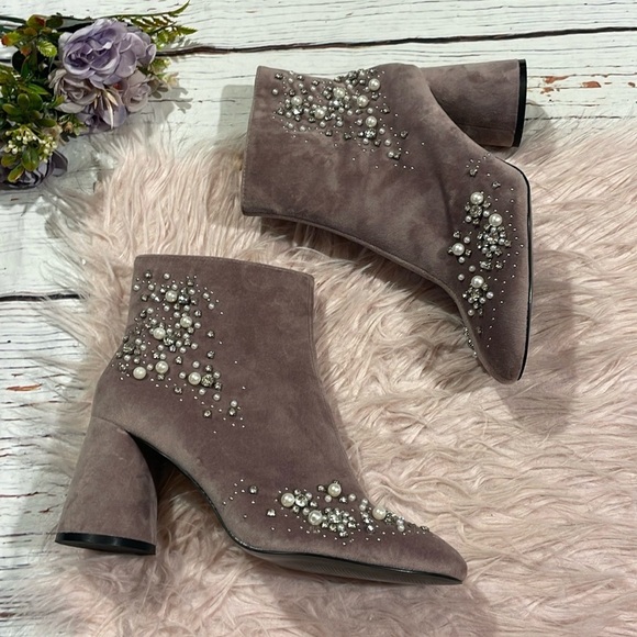 Zara Bejeweled Pink Velvet Zip Front Booties - Picture 2 of 12